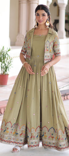 Green color Gown in Silk fabric with Embroidered, Sequence, Thread, Zari work