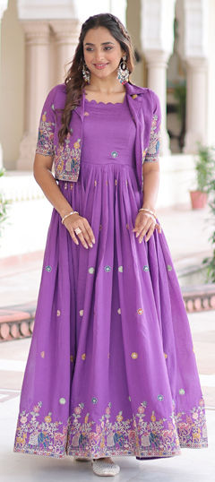 Purple and Violet color Gown in Silk fabric with Embroidered, Sequence, Thread, Zari work