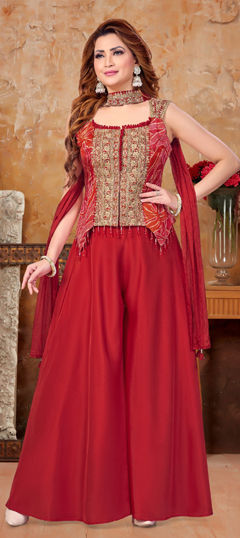 Red and Maroon color Salwar Kameez in Silk fabric with Embroidered, Sequence, Thread work