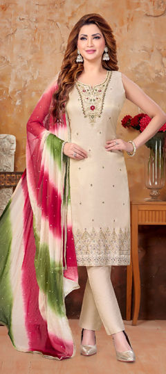 Beige and Brown color Salwar Kameez in Silk fabric with Embroidered, Sequence, Thread work