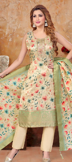 Beige and Brown color Salwar Kameez in Silk fabric with Floral, Printed, Weaving work