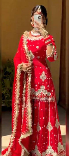 Red and Maroon color Salwar Kameez in Faux Georgette fabric with Embroidered, Thread, Zari work