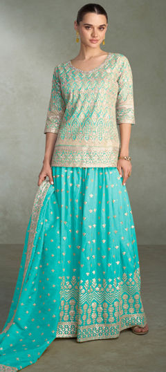 Blue color Salwar Kameez in Shimmer fabric with Bugle Beads, Embroidered, Sequence, Zari work
