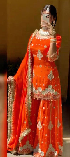 Orange color Salwar Kameez in Faux Georgette fabric with Embroidered, Thread, Zari work