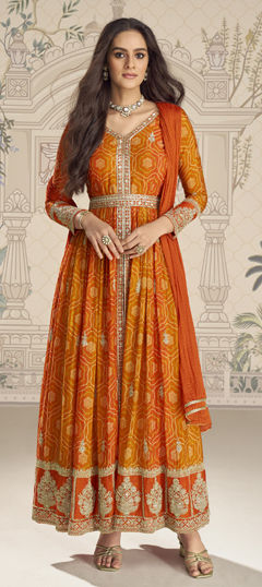 Beige and Brown color Salwar Kameez in Chinon Silk fabric with Bandhej, Embroidered, Printed, Sequence, Thread, Zari work
