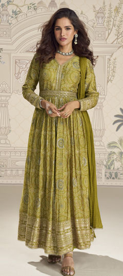 Green color Salwar Kameez in Chinon Silk fabric with Bandhej, Embroidered, Printed, Sequence, Thread, Zari work