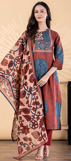 Red and Maroon color Salwar Kameez in Cotton fabric with Printed, Sequence work