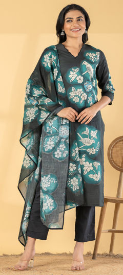 Black and Grey, Green color Salwar Kameez in Cotton fabric with Floral, Printed, Sequence work