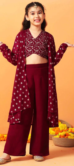 Red and Maroon color Girls Top with Bottom in Georgette fabric with Embroidered work