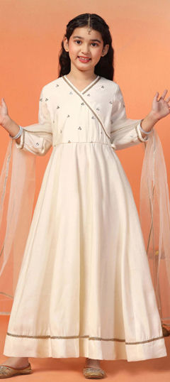 White and Off White color Girls Dress in Chanderi Silk fabric with Embroidered work