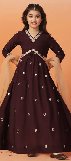 Red and Maroon color Girls Dress in Chanderi Silk fabric with Embroidered work