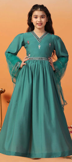 Blue color Girls Dress in Chanderi Silk fabric with Embroidered work