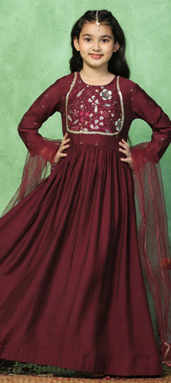 Red and Maroon color Girls Dress in Chanderi Silk fabric with Embroidered work