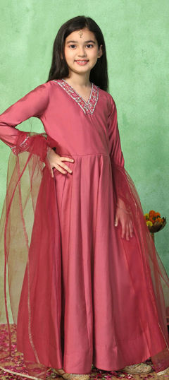 Pink and Majenta color Girls Dress in Blended Cotton fabric with Embroidered work
