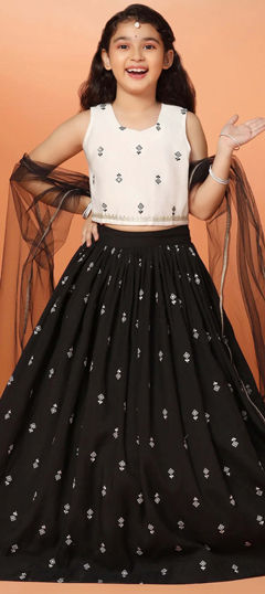 Black and Grey color Kids Lehenga in Roman Silk fabric with Embroidered work