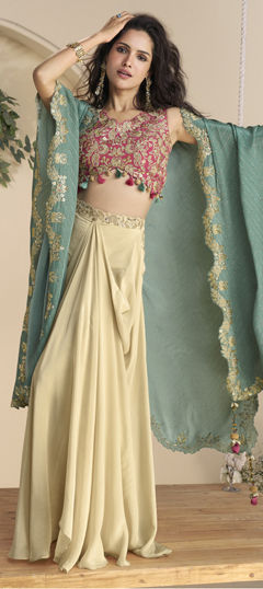 Beige and Brown, Green color Salwar Kameez in Chinon Silk fabric with Digital Print, Embroidered, Floral, Sequence work