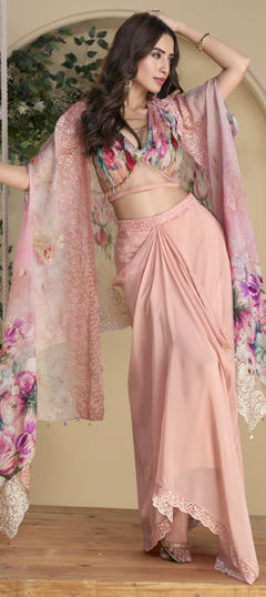 Pink and Majenta color Salwar Kameez in Chinon Silk fabric with Digital Print, Embroidered, Floral, Sequence work