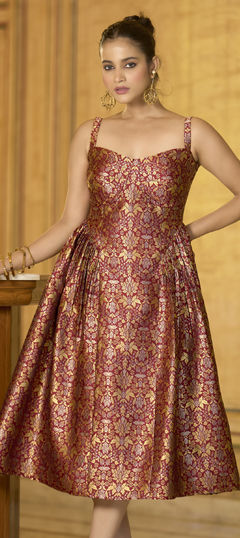 Red and Maroon color Dress in Jacquard fabric with Weaving work