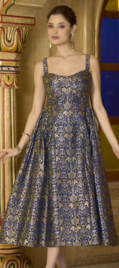 Blue color Dress in Jacquard fabric with Weaving work