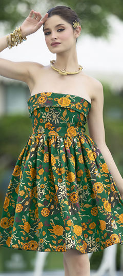 Green color Dress in Art Silk, Jacquard fabric with Floral, Printed work