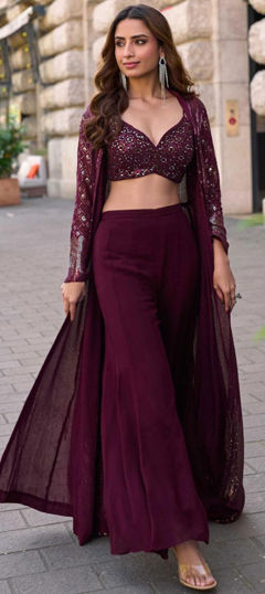 Red and Maroon color Salwar Kameez in Georgette fabric with Embroidered, Sequence, Stone work