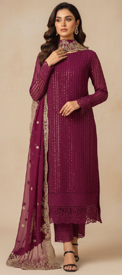 Pink and Majenta color Salwar Kameez in Georgette fabric with Embroidered, Sequence, Zari work