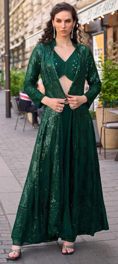 Green color Salwar Kameez in Georgette fabric with Embroidered, Sequence, Stone work