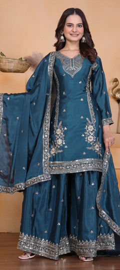 Blue color Salwar Kameez in Chinon Silk fabric with Embroidered, Sequence work