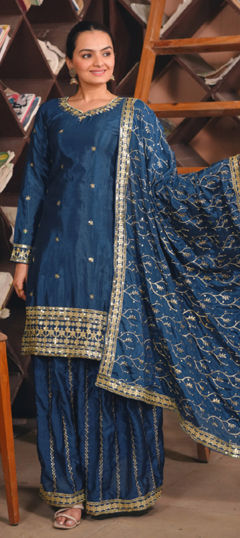 Blue color Salwar Kameez in Chinon Silk fabric with Embroidered, Sequence work