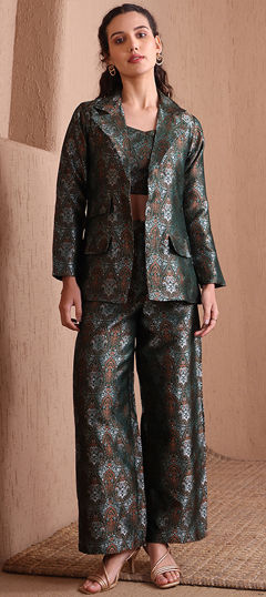 Green color Co-ords Set in Banarasi Silk fabric with Weaving work