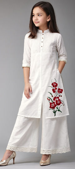 White and Off White color Girls Top with Bottom in Cotton Slub fabric with Embroidered work