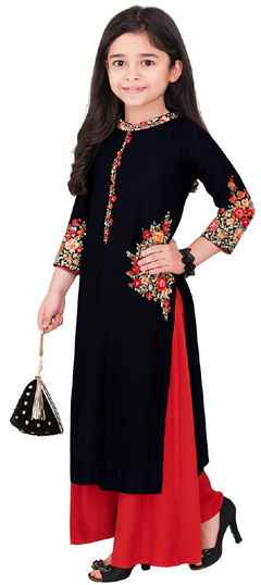 Black and Grey color Girls Top with Bottom in Cotton, Rayon fabric with Embroidered work