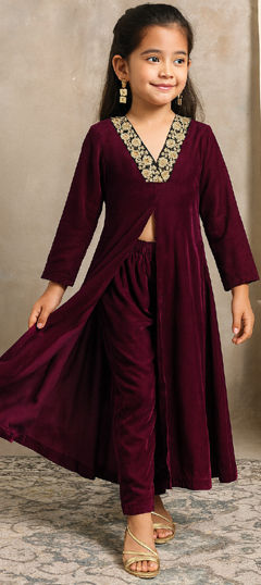 Purple and Violet color Girls Top with Bottom in Velvet fabric with Embroidered work
