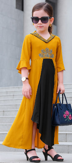 Yellow color Girls Gown in Cotton, Rayon fabric with Embroidered work