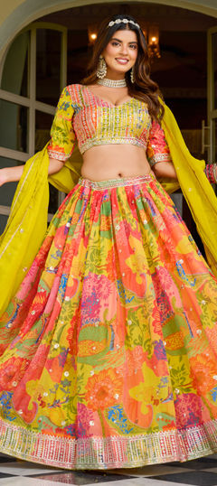 Yellow color Lehenga in Silk fabric with Floral, Printed, Sequence work