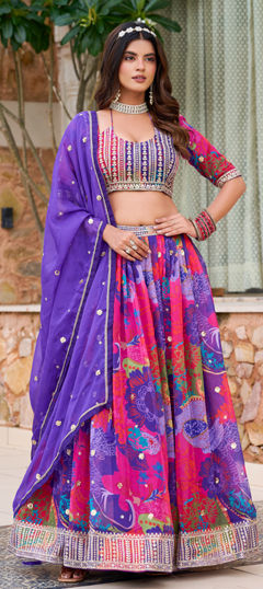 Purple and Violet color Lehenga in Silk fabric with Floral, Printed, Sequence work