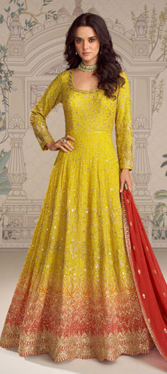 Yellow color Gown in Georgette fabric with Embroidered, Sequence, Thread work