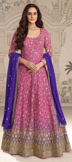 Pink and Majenta color Gown in Georgette fabric with Embroidered, Sequence, Thread work