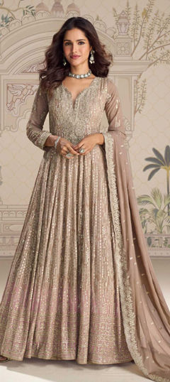 Beige and Brown color Gown in Georgette fabric with Embroidered, Sequence, Thread work