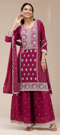 Red and Maroon color Salwar Kameez in Faux Georgette fabric with Embroidered, Sequence work