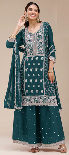 Blue color Salwar Kameez in Faux Georgette fabric with Embroidered, Sequence work