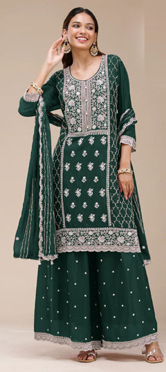 Green color Salwar Kameez in Faux Georgette fabric with Embroidered, Sequence work