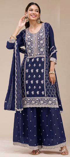 Blue color Salwar Kameez in Faux Georgette fabric with Embroidered, Sequence work