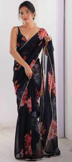 Black and Grey color Saree in Georgette fabric with Floral, Lace, Printed work