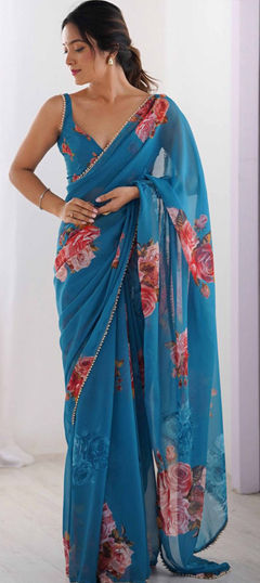 Blue color Saree in Georgette fabric with Floral, Lace, Printed work