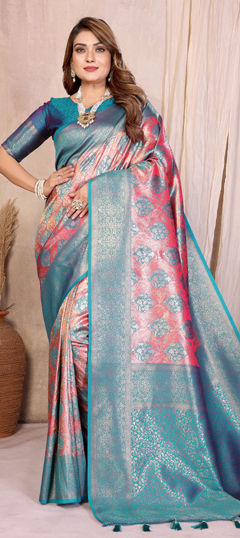 Pink and Majenta color Saree in Banarasi Silk fabric with Weaving work