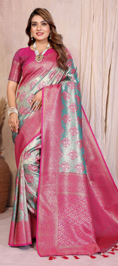 Blue color Saree in Banarasi Silk, Tissue fabric with Weaving work