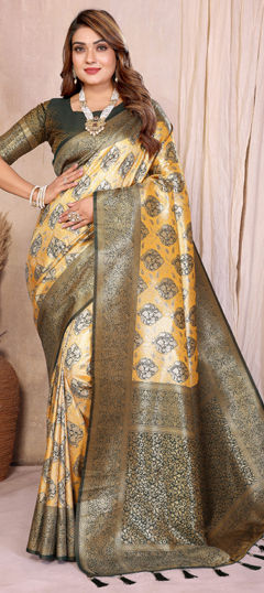 Yellow color Saree in Banarasi Silk, Tissue fabric with Weaving work