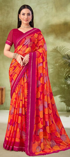 Multicolor color Saree in Chiffon fabric with Lace, Printed work