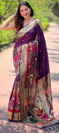 Purple and Violet color Saree in Kanjeevaram Silk fabric with Weaving work